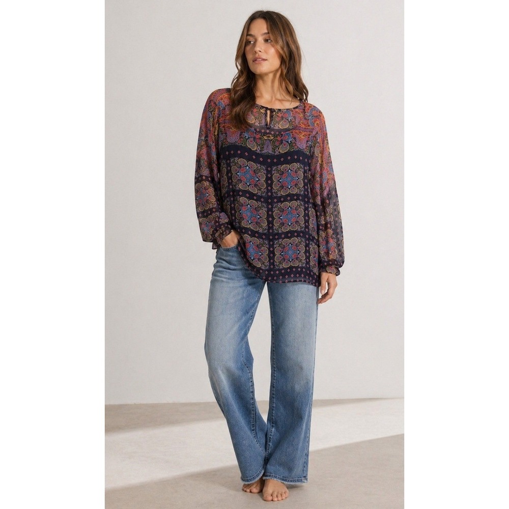 Sundance Paisley Medallion Bell Sleeve Top Womens Large Boho Blue Pink Rayon